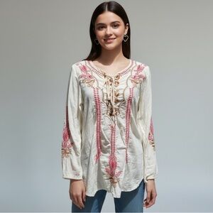 🌻Johnny Was BIYA Embroidered Bohemian Lightweight Peasant Blouse Size Small.